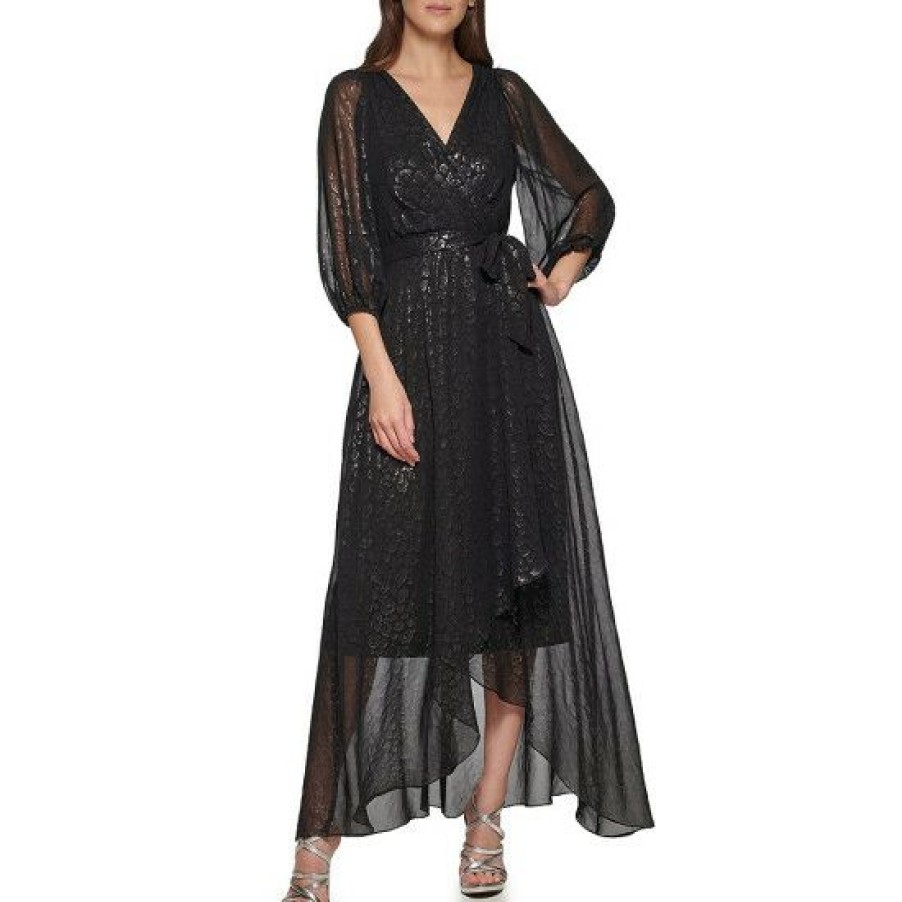 Women'S Clothing * | Wholesale Dkny Metallic Cheetah Foil Print 3/4 Balloon Sleeve Faux Wrap Dress Black/Silver