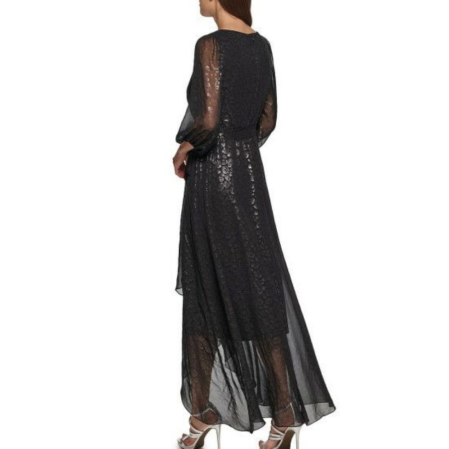 Women'S Clothing * | Wholesale Dkny Metallic Cheetah Foil Print 3/4 Balloon Sleeve Faux Wrap Dress Black/Silver