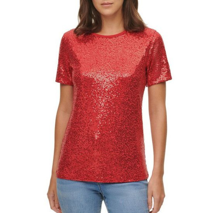 Women'S Clothing * | Wholesale Dkny Sequined Knit Jersey Crew Neck Short Sleeve Top Engine Red