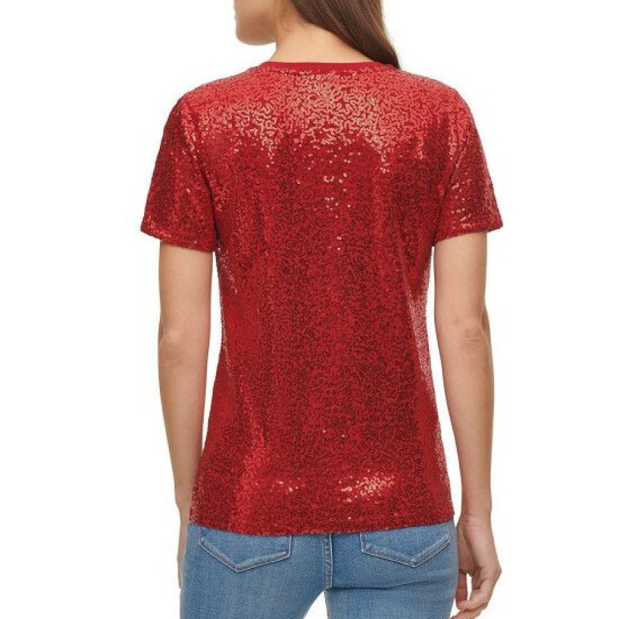 Women'S Clothing * | Wholesale Dkny Sequined Knit Jersey Crew Neck Short Sleeve Top Engine Red