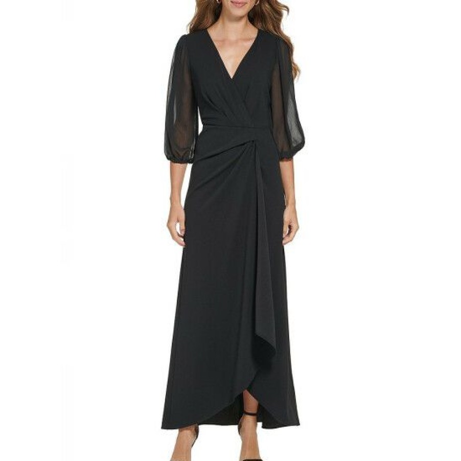 Women'S Clothing * | Wholesale Dkny Stretch Surplice V-Neck 3/4 Sleeve Twist Waist Detail Dress Black