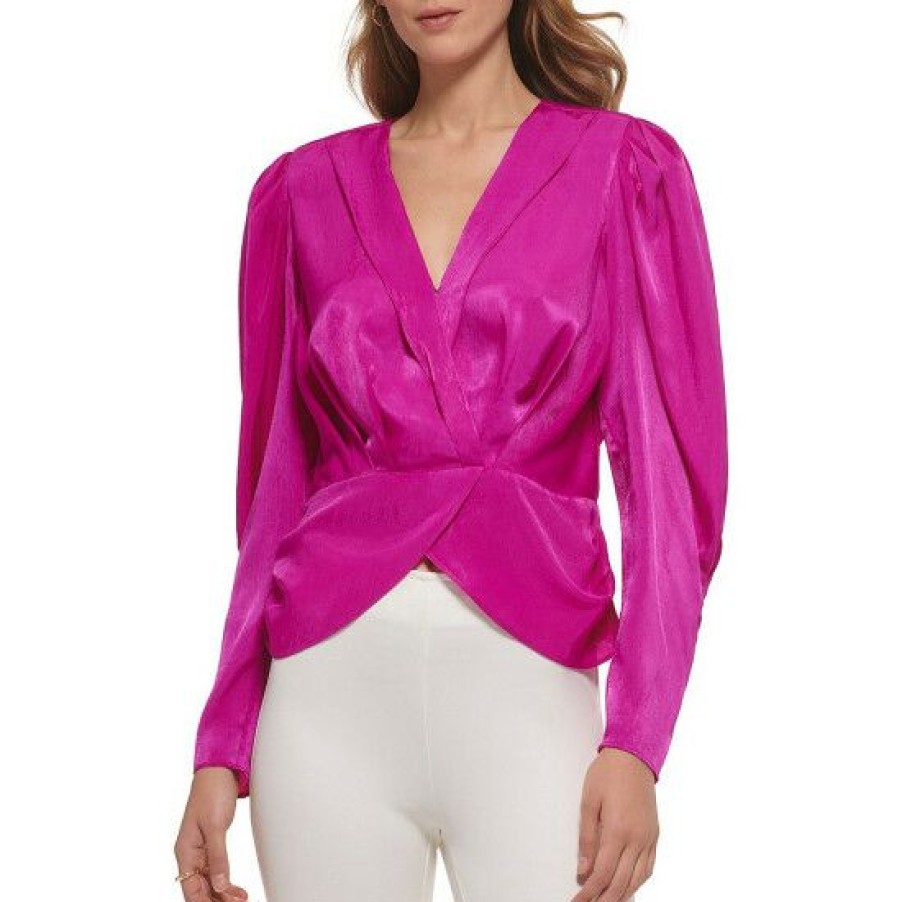 Women'S Clothing * | Deals Dkny Satin Wrap V-Neck Long Sleeve Blouse Electric Fuchsia