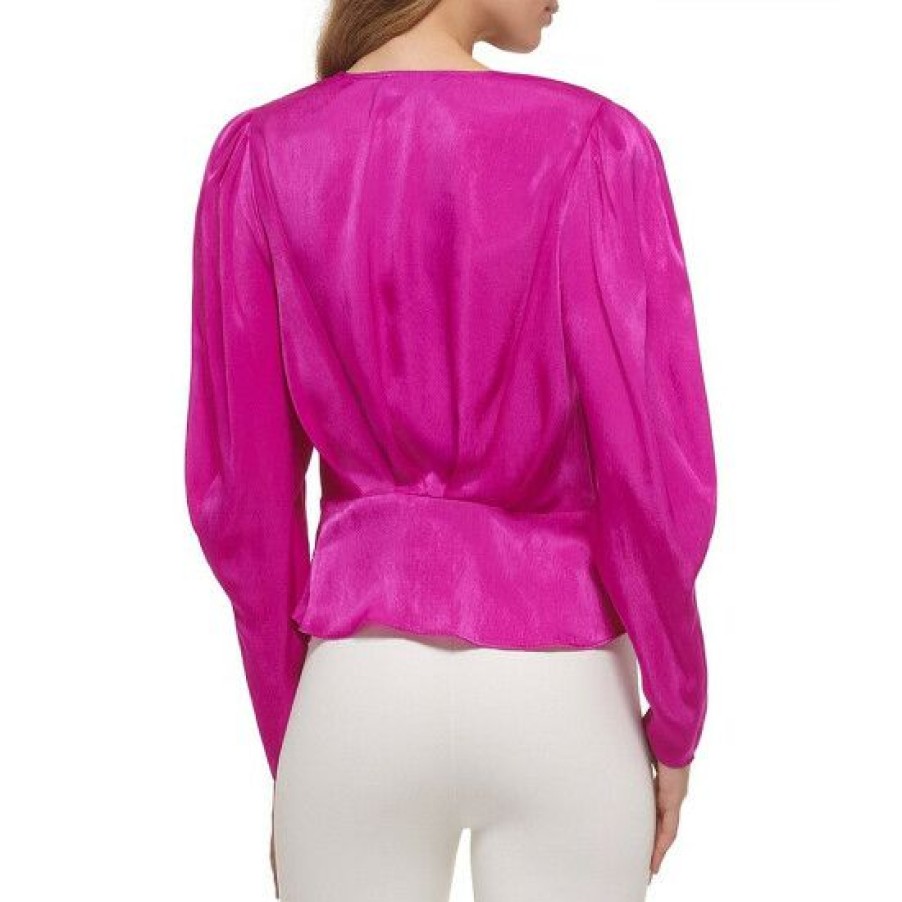 Women'S Clothing * | Deals Dkny Satin Wrap V-Neck Long Sleeve Blouse Electric Fuchsia