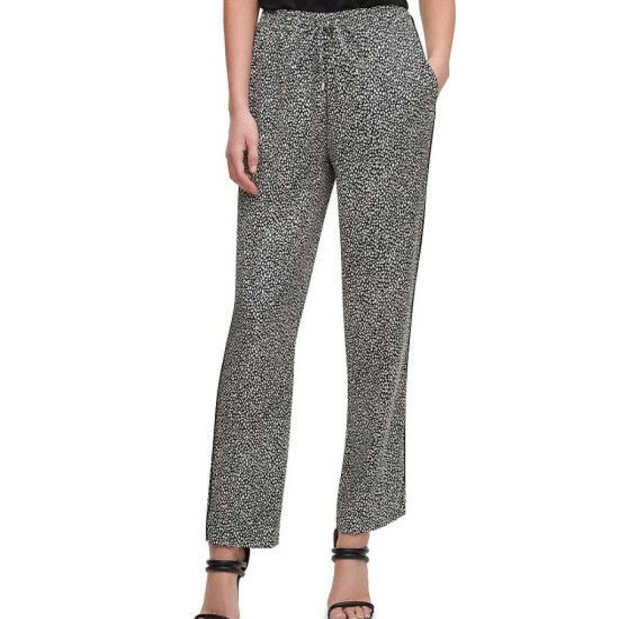 Women'S Clothing * | Brand New Dkny Animal Spotted Print Hammered Satin Woven Drawstring Waist Pull-On Pants French Vanilla/Black Multi