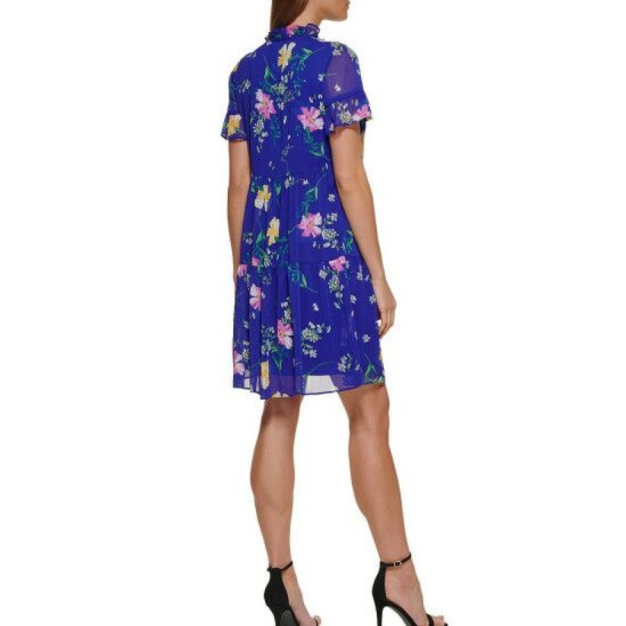 Women'S Clothing * | Flash Sale Dkny Floral Print Short Sleeve Ruffle Tie Mock Neck Crinkle Chiffon Tiered Trapeze Dress Berry Multi