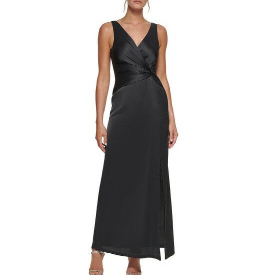 Women'S Clothing * | Best Sale Dkny Surplice V-Neck Knot Waist Satin Crepe Sleeveless Gown Black