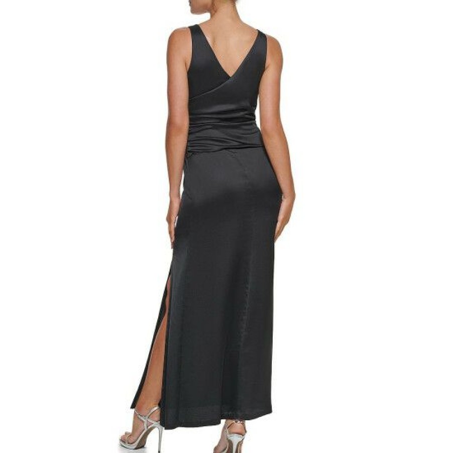 Women'S Clothing * | Best Sale Dkny Surplice V-Neck Knot Waist Satin Crepe Sleeveless Gown Black