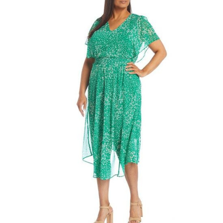 Women'S Clothing * | Cheap Dkny Plus Size Floral Print Short Flutter Sleeve V-Neck Chiffon Midi Dress Apple Combo