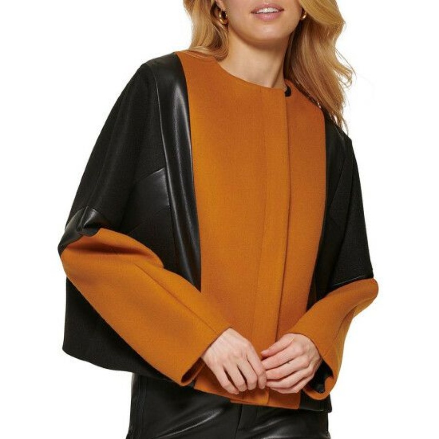 Women'S Clothing * | Best Reviews Of Dkny Color Block Zipper Front Crew Neck Long Sleeve Jacket Roasted Pecan