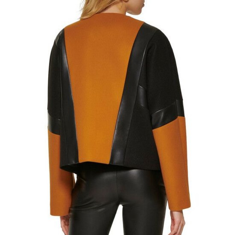 Women'S Clothing * | Best Reviews Of Dkny Color Block Zipper Front Crew Neck Long Sleeve Jacket Roasted Pecan