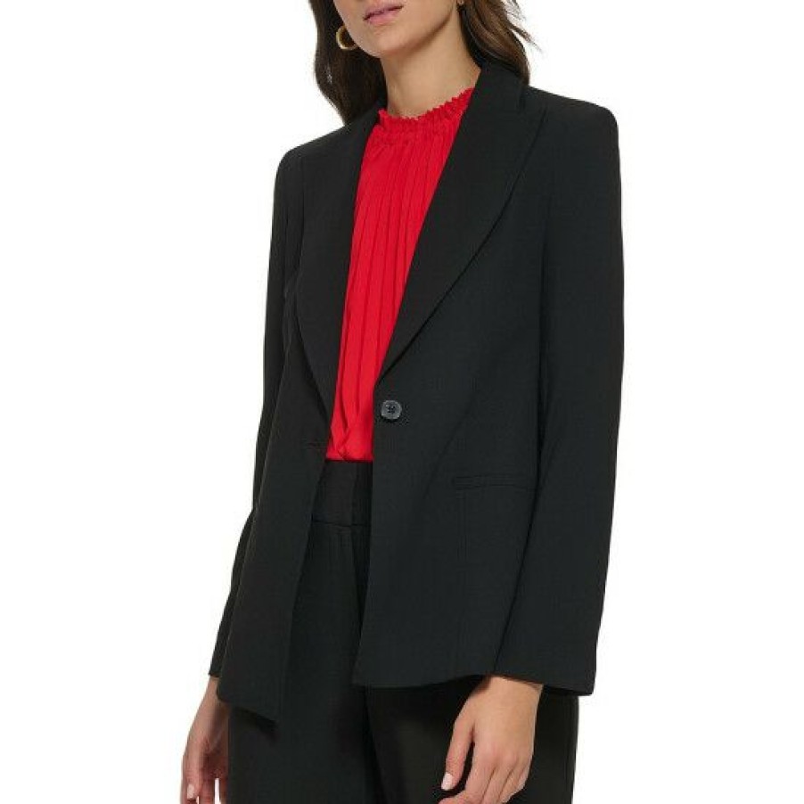 Women'S Clothing * | Best Reviews Of Dkny Zipper Sleeve Notch Lapel Collar Button Front Jacket Black