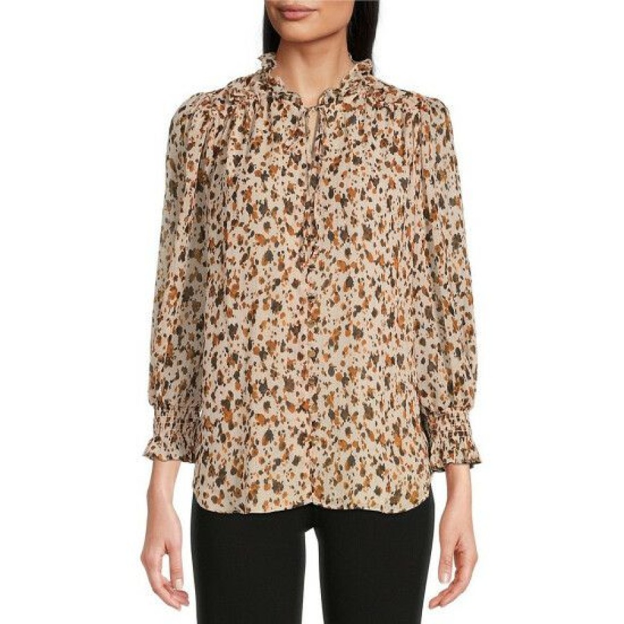 Women'S Clothing * | Cheap Dkny 3/4 Ruffle Sleeve Split V-Neck Top Roasted Pecan Multi