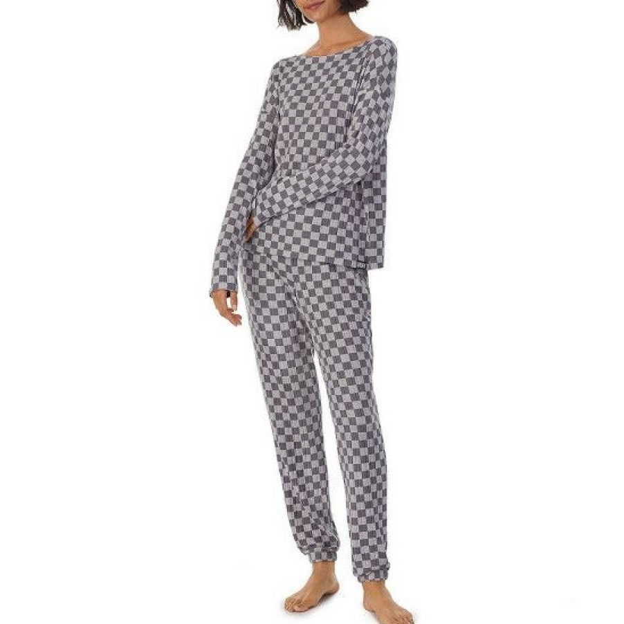 Lingerie * | Cheapest Dkny Long Sleeve Boat Neck Brushed Jersey Knit Checkered Pajama Set Grey Check