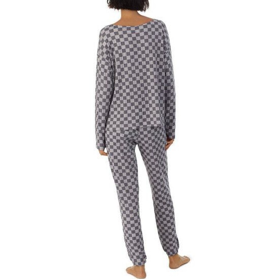 Lingerie * | Cheapest Dkny Long Sleeve Boat Neck Brushed Jersey Knit Checkered Pajama Set Grey Check