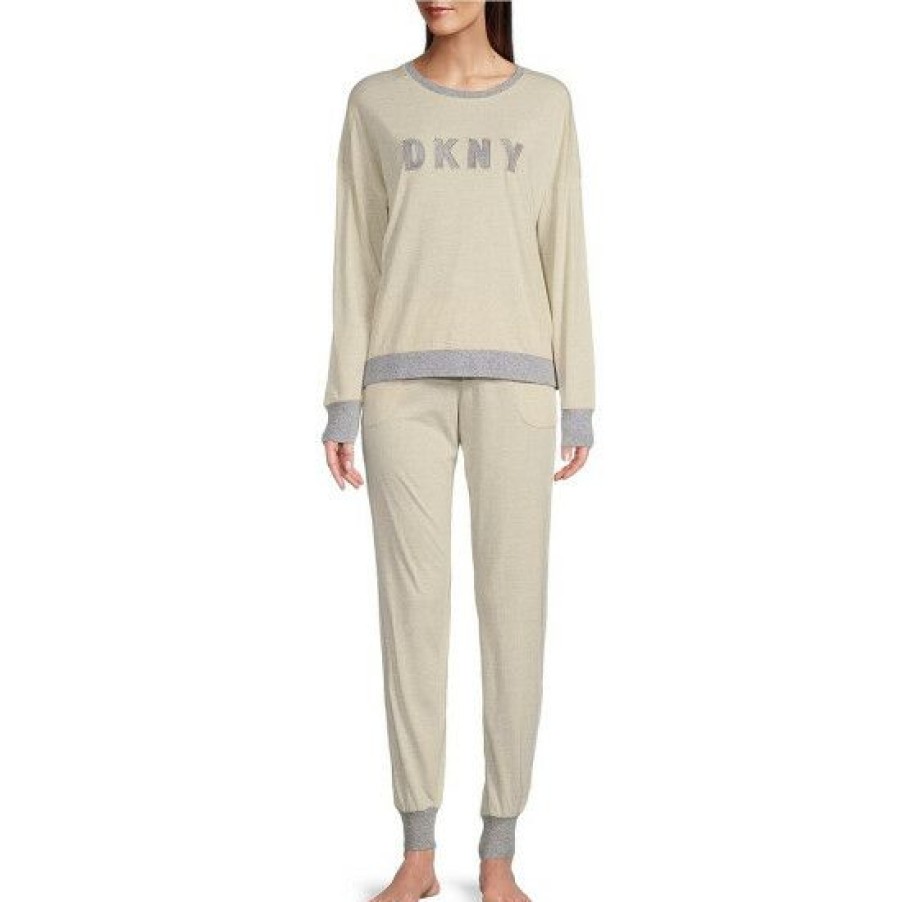 Lingerie * | Cheapest Dkny Long Sleeve Crew Neck Logo Pajama Set Oatmeal