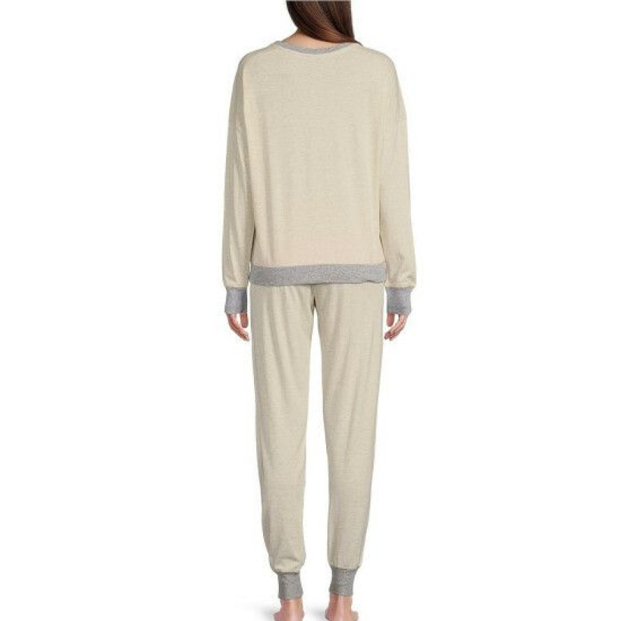 Lingerie * | Cheapest Dkny Long Sleeve Crew Neck Logo Pajama Set Oatmeal