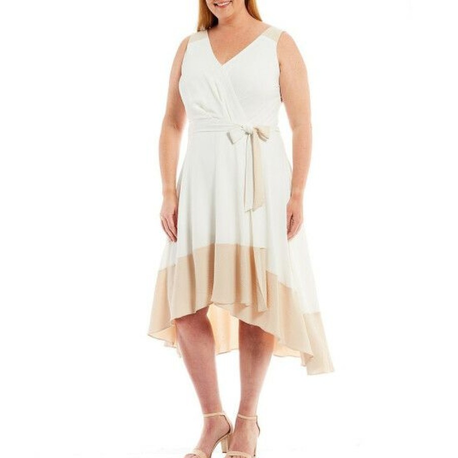 Women'S Clothing * | Cheap Dkny Plus Size Color Block Sleeveless High-Low Handkerchief Hem Surplice V-Neck Faux Wrap Tie Belt Midi Dress Ivory/Beige