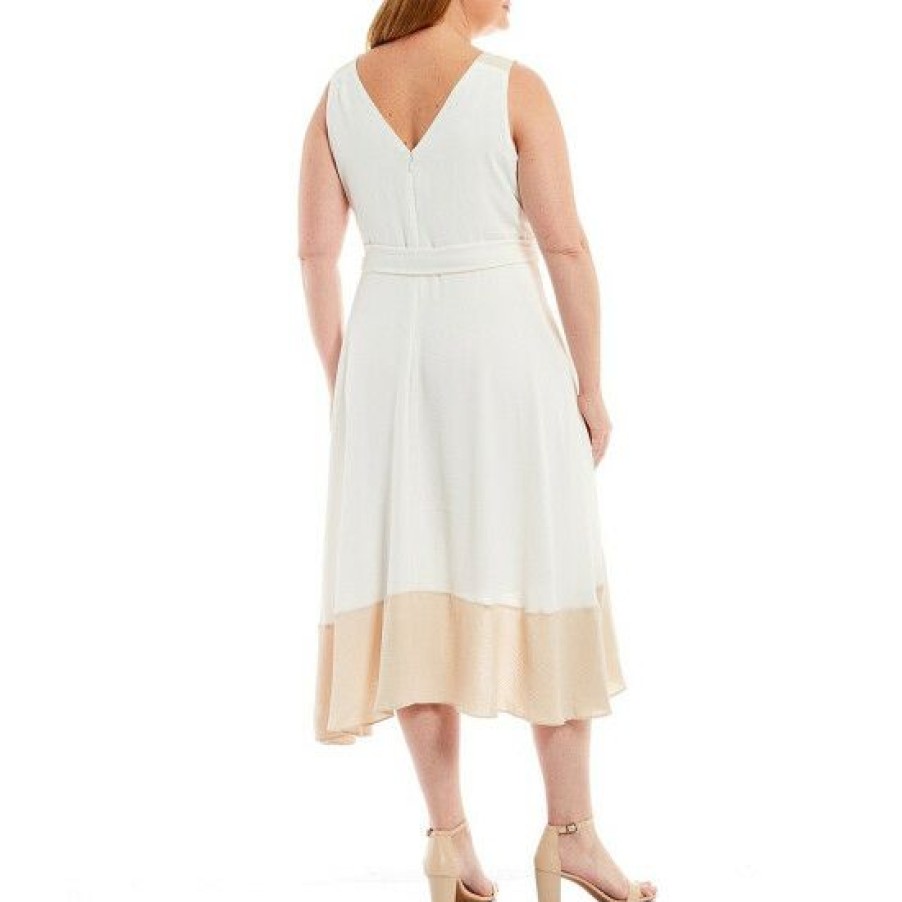 Women'S Clothing * | Cheap Dkny Plus Size Color Block Sleeveless High-Low Handkerchief Hem Surplice V-Neck Faux Wrap Tie Belt Midi Dress Ivory/Beige