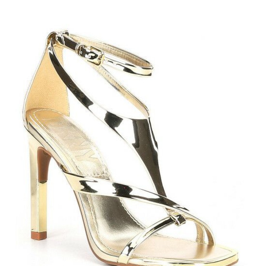 Shoes * | Flash Sale Dkny Audrey Strappy Metallic Patent Dress Sandals Gold