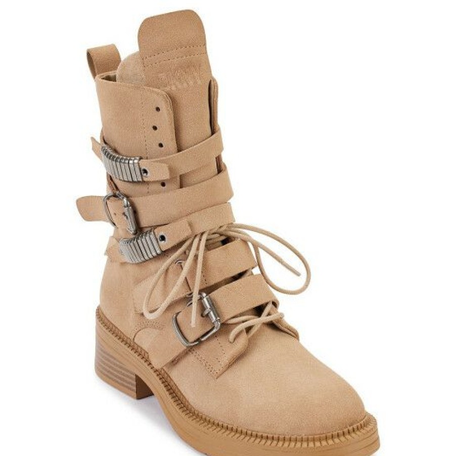 Shoes * | Promo Dkny Ita Leather Buckle Detail Combat Booties Taupe