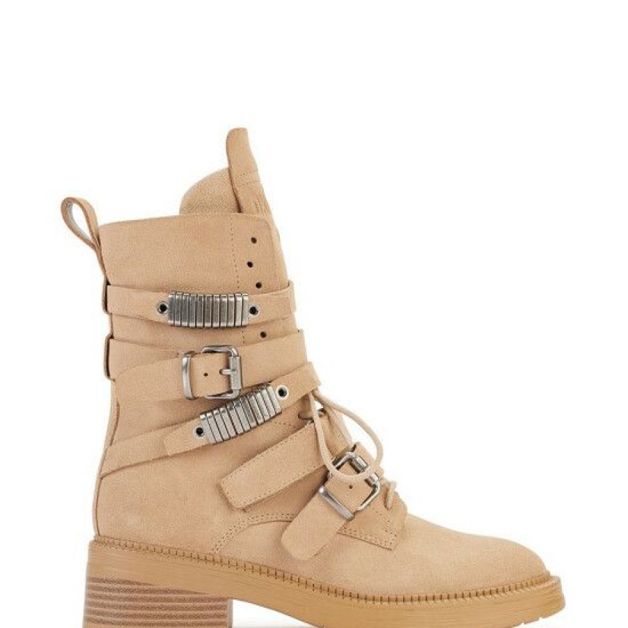 Shoes * | Promo Dkny Ita Leather Buckle Detail Combat Booties Taupe