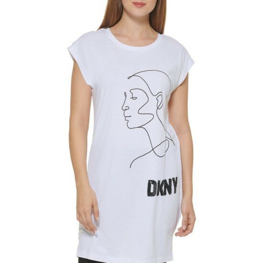 Women'S Clothing * | Brand New Dkny Abstract Woman Print Crew Neck Cap Sleeve Side Slit Knit Logo Tunic White/Black