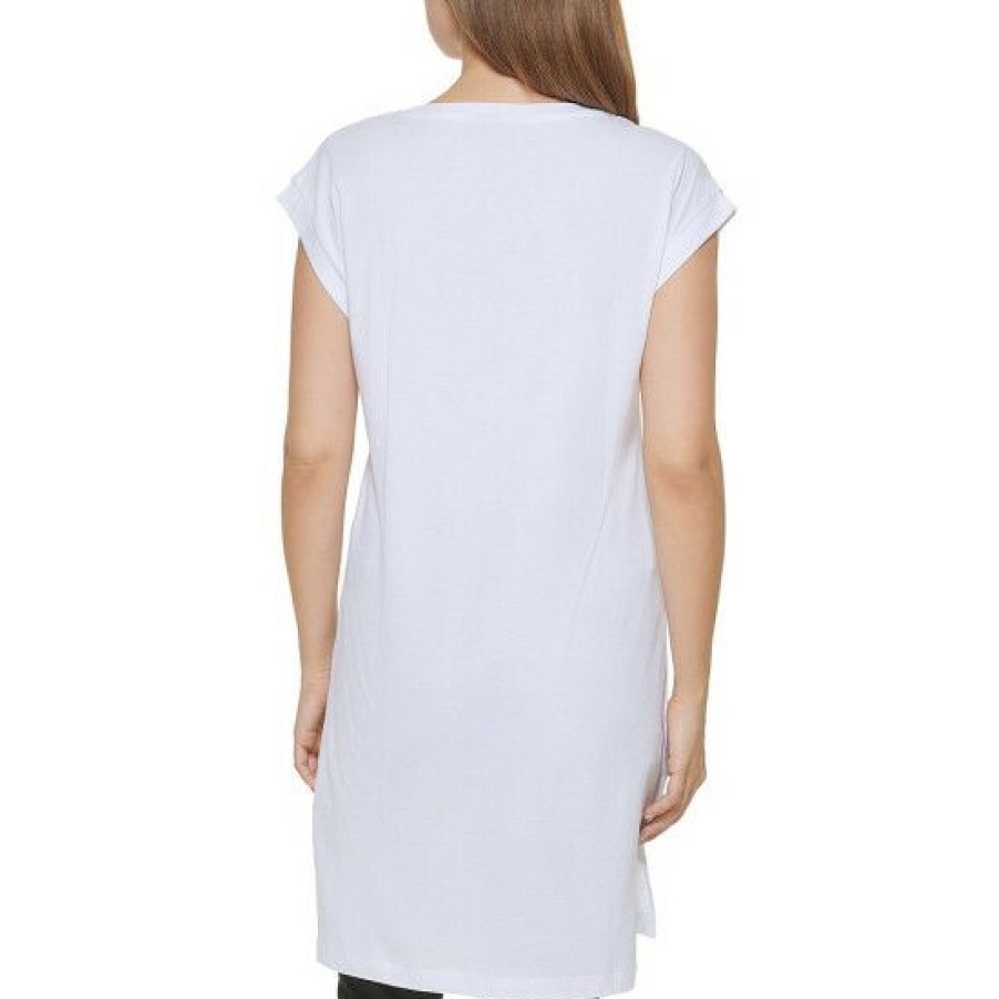 Women'S Clothing * | Brand New Dkny Abstract Woman Print Crew Neck Cap Sleeve Side Slit Knit Logo Tunic White/Black