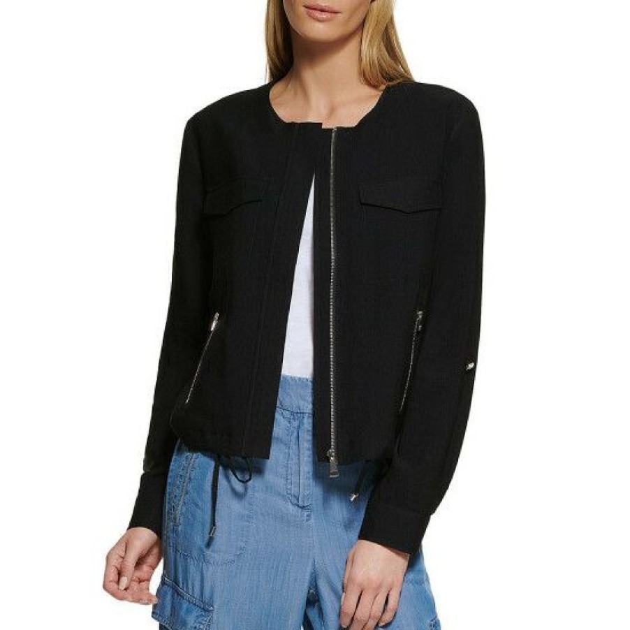 Women'S Clothing * | New Dkny Round Neck Roll-Tab Long Sleeve Zip Front Cinched Hem Jacket Black