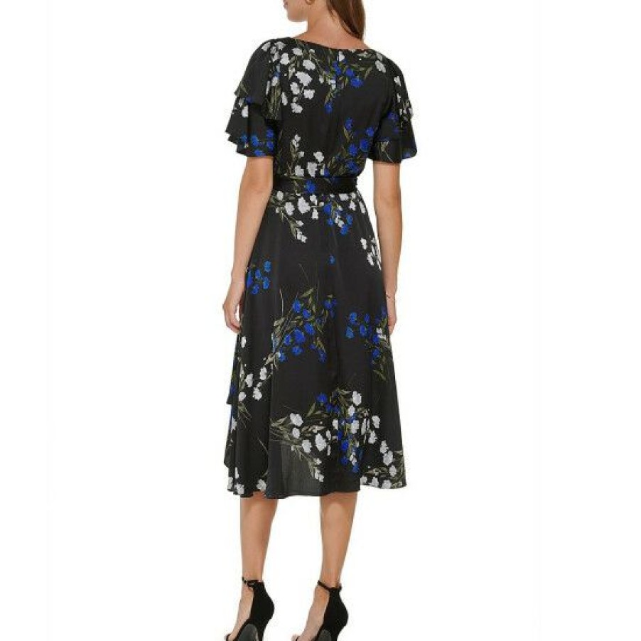 Women'S Clothing * | Top 10 Dkny Floral Satin Faux Wrap Double Ruffle Short Sleeve Midi Dress Deep Cobalt Multi