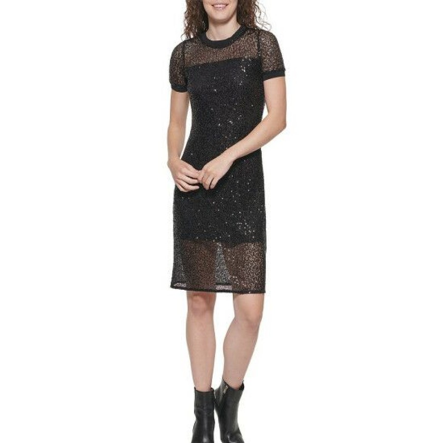 Women'S Clothing * | Deals Dkny Jeans Ribbed Trim Crew Neck Short Sleeve Sequin Mesh Sheath Dress Black