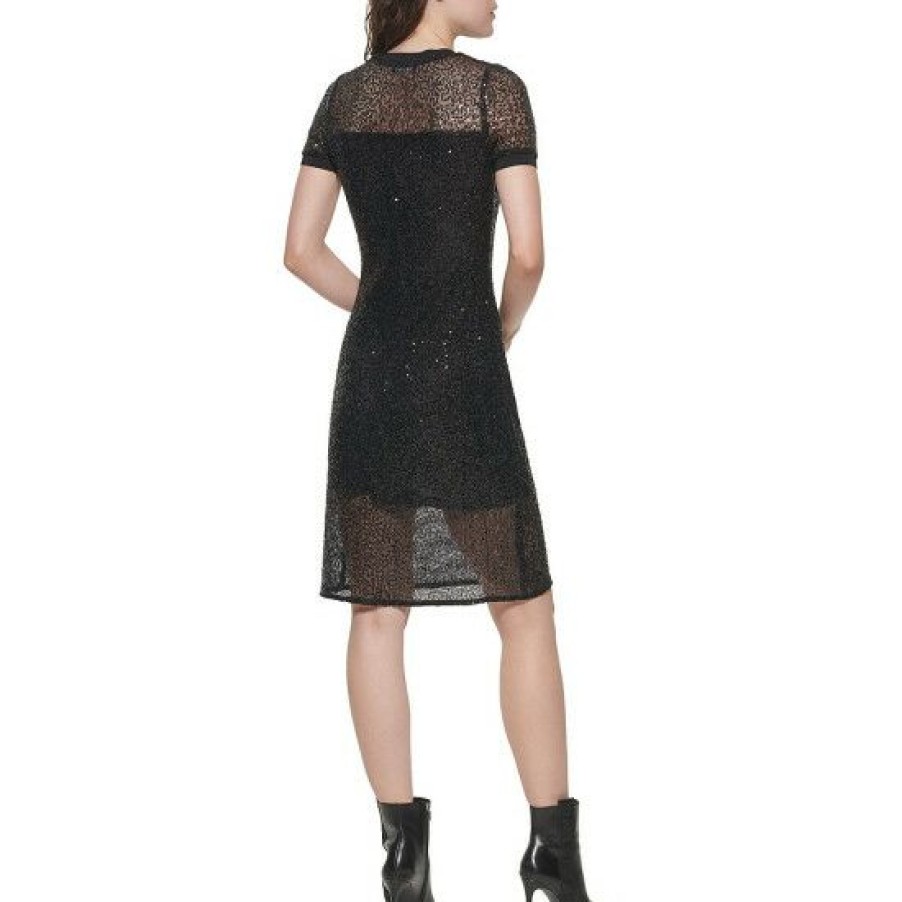 Women'S Clothing * | Deals Dkny Jeans Ribbed Trim Crew Neck Short Sleeve Sequin Mesh Sheath Dress Black