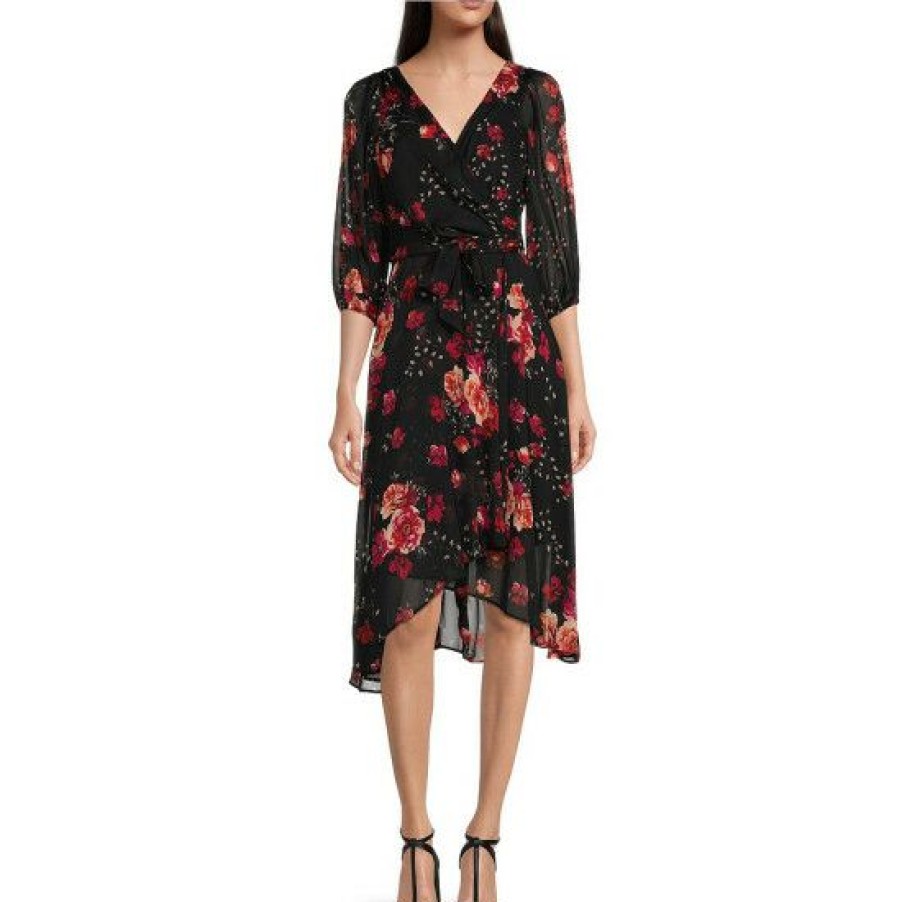 Women'S Clothing * | Cheapest Dkny Floral Print V-Neck 3/4 Blouson Sleeve Waist Tie Sharkbite Hem Chiffon Faux Wrap Dress Black Multi