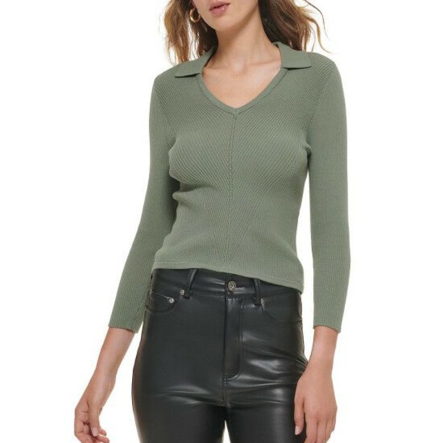 Women'S Clothing * | Best Pirce Dkny Jeans Collared V-Neck 3/4 Sleeve Rib Knit Crop Sweater