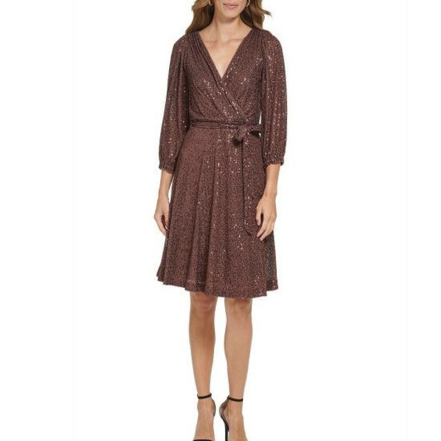 Women'S Clothing * | Discount Dkny Stretch Sequin Faux Wrap Tie Detail V-Neck Long Sleeve Dress