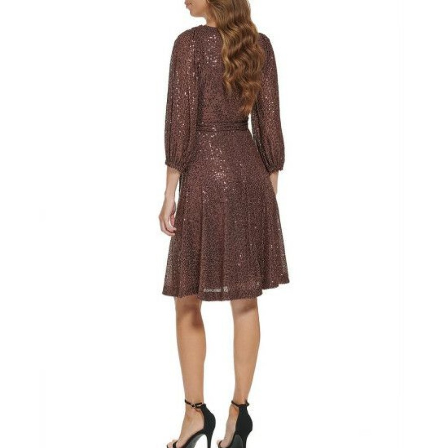 Women'S Clothing * | Discount Dkny Stretch Sequin Faux Wrap Tie Detail V-Neck Long Sleeve Dress