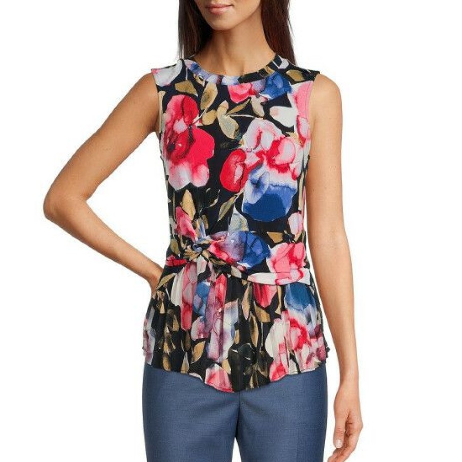 Women'S Clothing * | Coupon Dkny Abstract Floral Printed Sleeveless Banded Crew Neck Side Knot Pleat Hem Knit Top Navy/Red