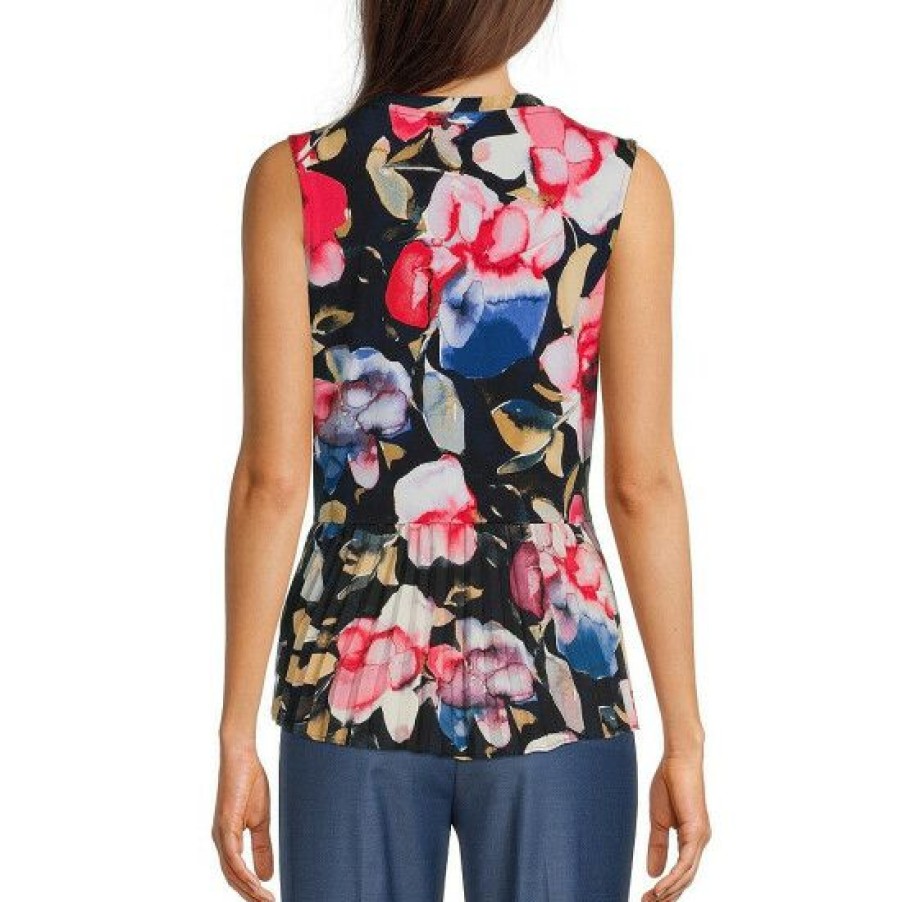 Women'S Clothing * | Coupon Dkny Abstract Floral Printed Sleeveless Banded Crew Neck Side Knot Pleat Hem Knit Top Navy/Red