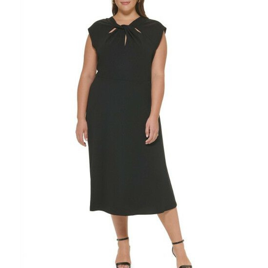 Women'S Clothing * | Hot Sale Dkny Plus Size Twist Cut-Out Neck Sleeveless Scuba Crepe Midi Dress Black