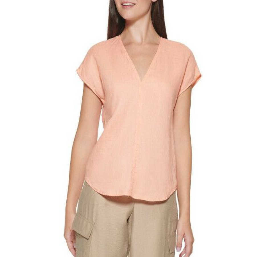 Women'S Clothing * | Wholesale Dkny V-Neck Cap Sleeve Linen High-Low Top