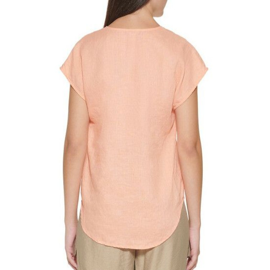 Women'S Clothing * | Wholesale Dkny V-Neck Cap Sleeve Linen High-Low Top