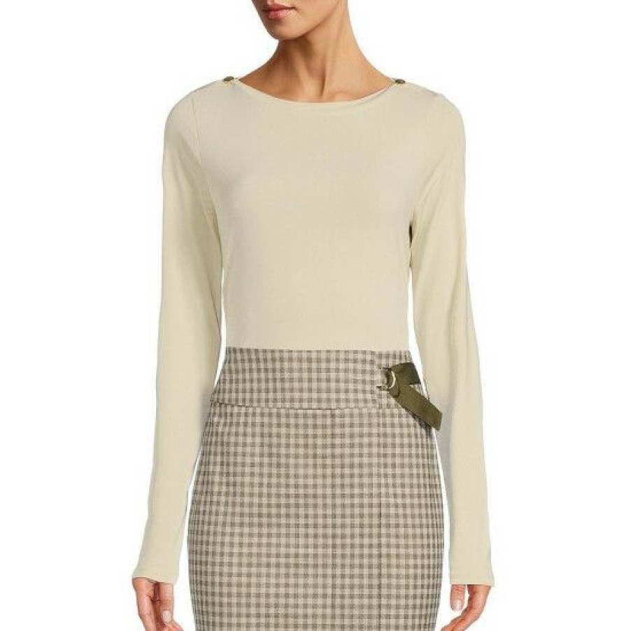 Women'S Clothing * | Top 10 Dkny 2-Button Embellished Shoulder Knit Long Sleeve Top Oatmeal