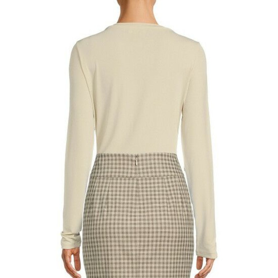 Women'S Clothing * | Top 10 Dkny 2-Button Embellished Shoulder Knit Long Sleeve Top Oatmeal