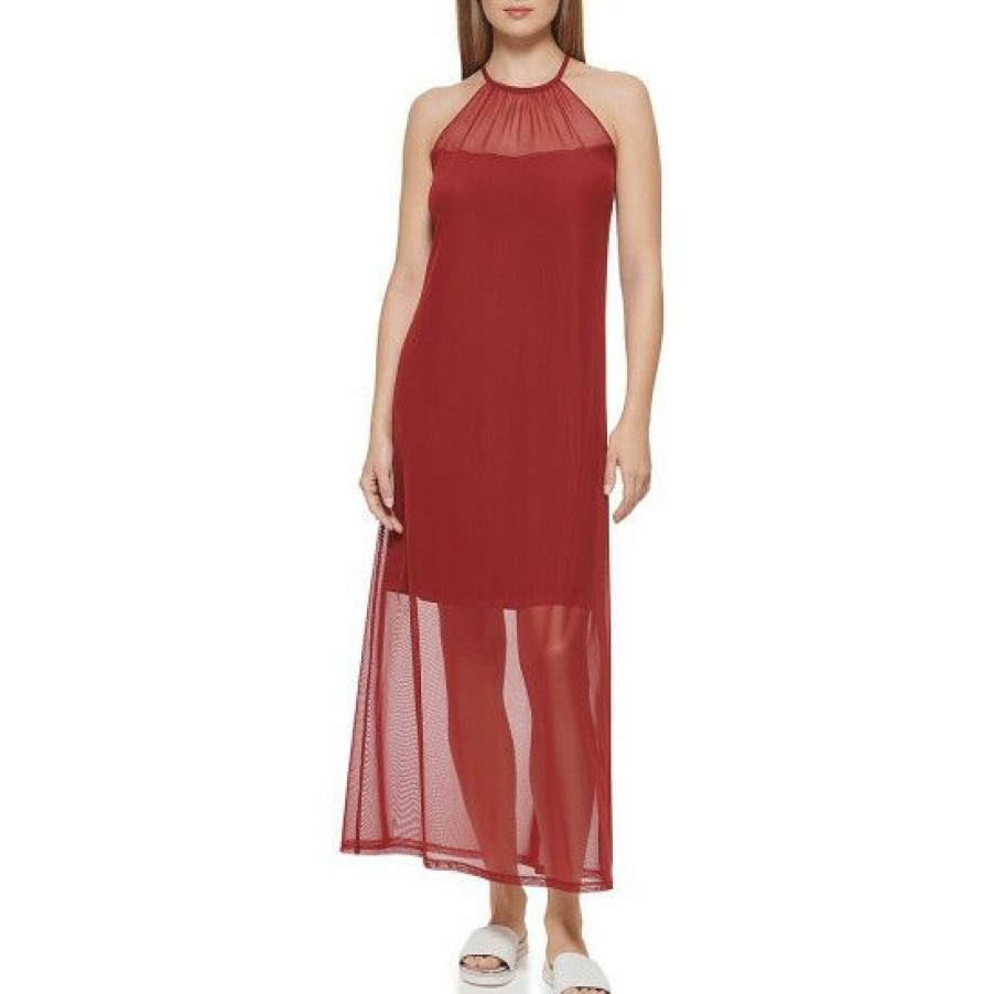 Women'S Clothing * | Deals Dkny Halter Neck Sleeveless Matte Jersey Maxi Dress Plum