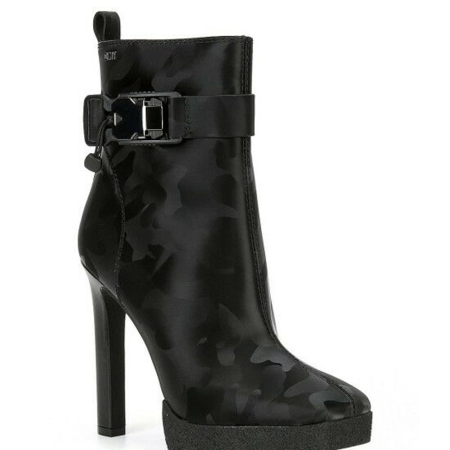 Shoes * | Cheap Dkny Zana Lug Sole Leather Camo Print Platform Heel Boots Black