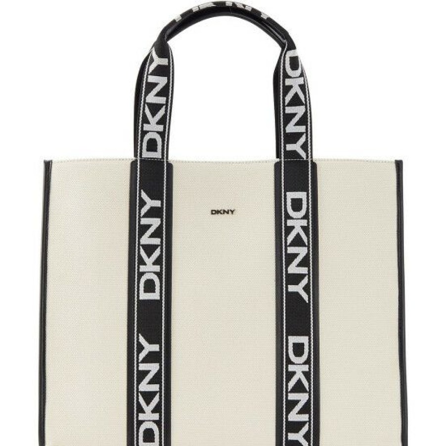 Women'S Clothing * | Cheapest Dkny Cassie Logo Accented Web Handles Canvas Tote Bag Natural/Black