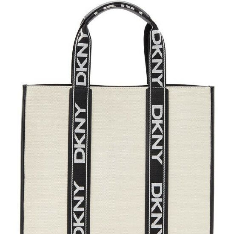 Women'S Clothing * | Cheapest Dkny Cassie Logo Accented Web Handles Canvas Tote Bag Natural/Black