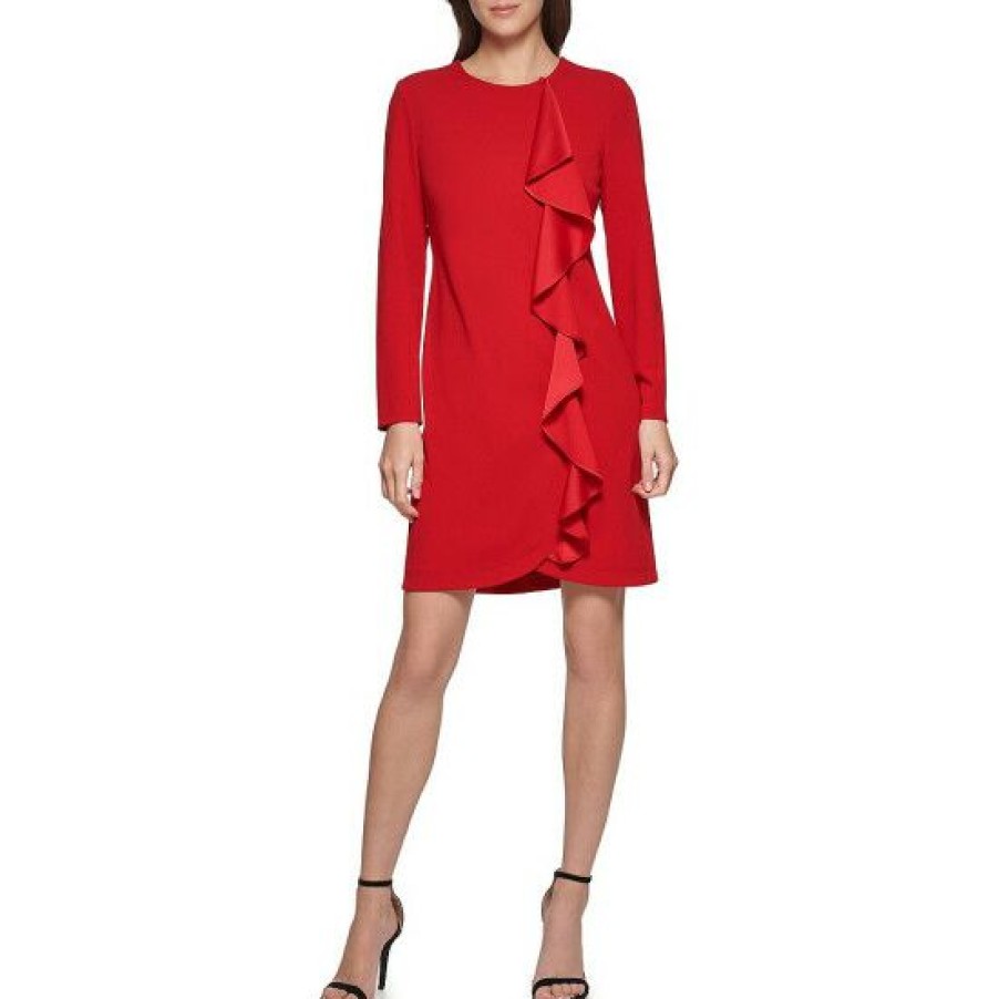 Women'S Clothing * | Coupon Dkny Stretch Long Sleeve Jewel Neck Cascading Ruffle Dress Scarlet