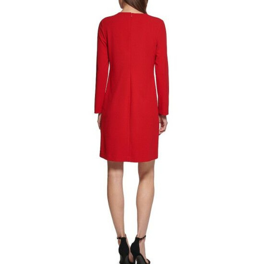 Women'S Clothing * | Coupon Dkny Stretch Long Sleeve Jewel Neck Cascading Ruffle Dress Scarlet