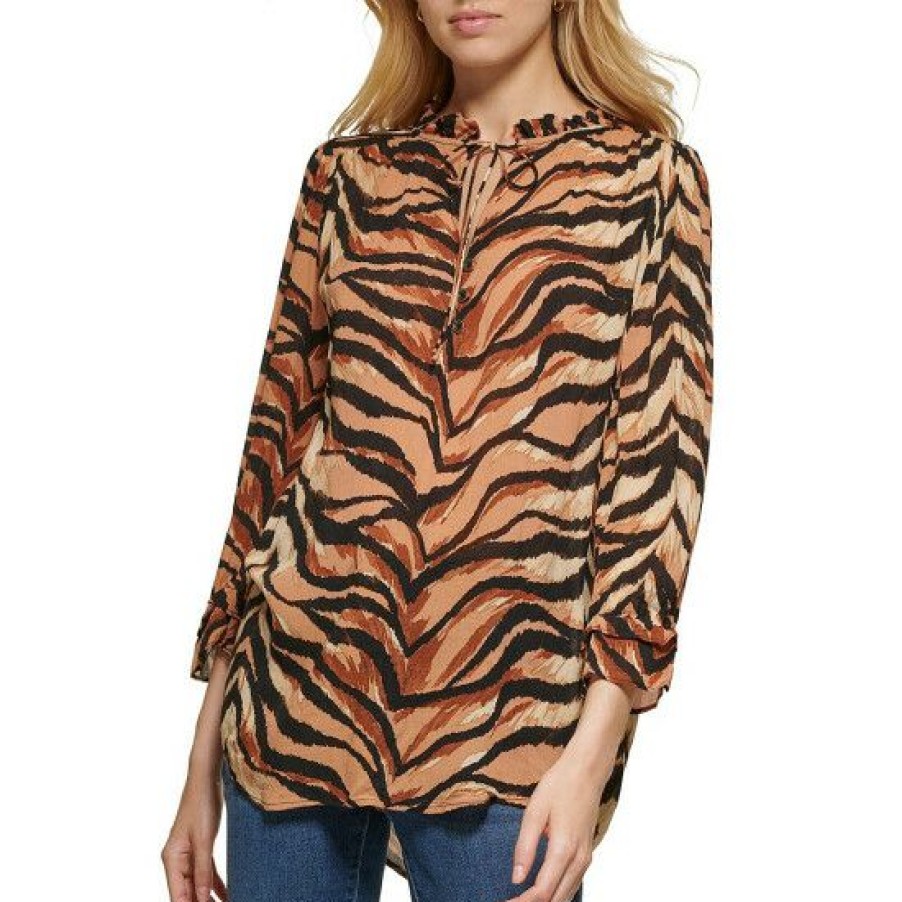 Women'S Clothing * | Best Pirce Dkny Tiger Print Ruffle Tie Neck 3/4 Sleeve High-Low Hem Top Nomad Black