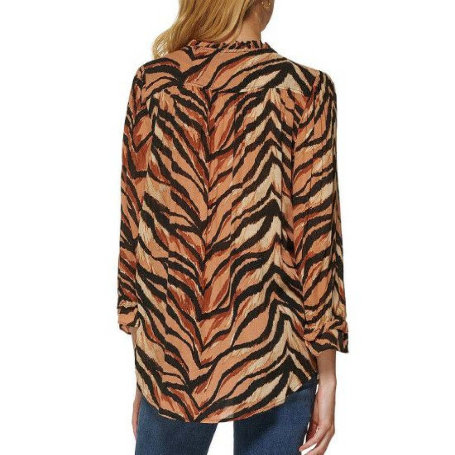 Women'S Clothing * | Best Pirce Dkny Tiger Print Ruffle Tie Neck 3/4 Sleeve High-Low Hem Top Nomad Black